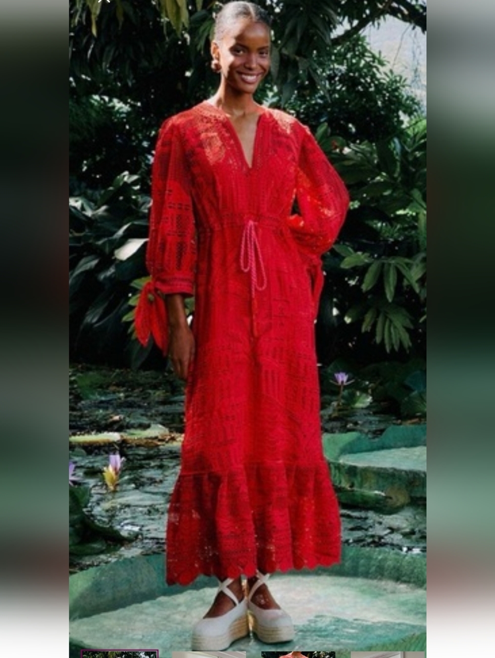 Farm Rio Red Crochet Maxi Dress with Tie Waist